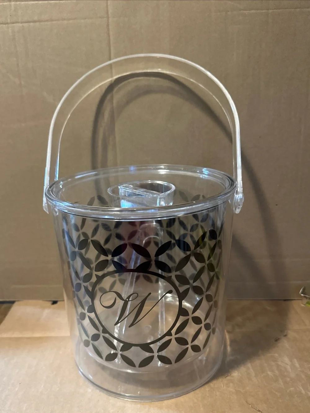Clear plastic Ice Bucket with Decorative Monogram W with tongs